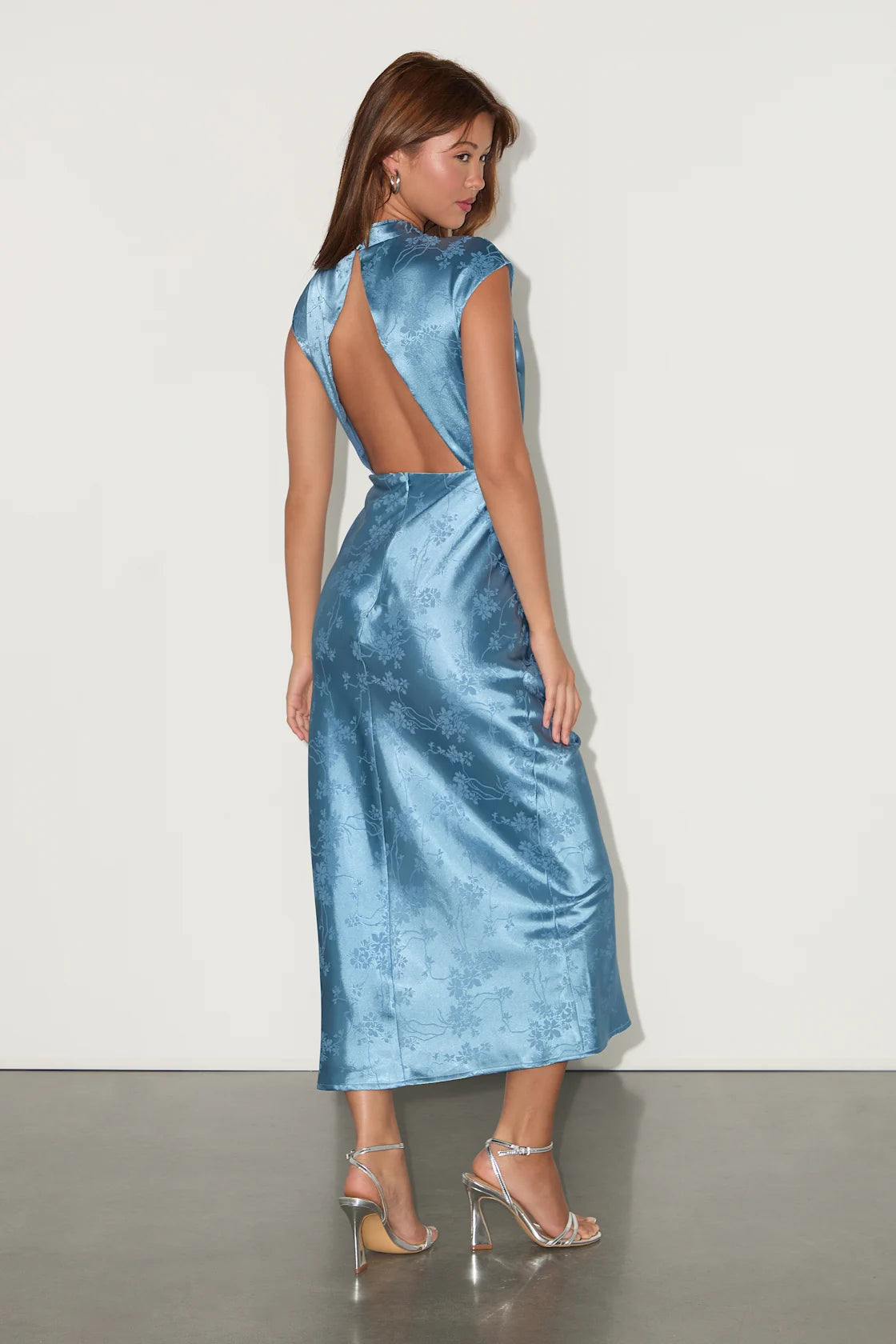 Gia Slate Blue Satin Jacquard Cutout Midi Dress