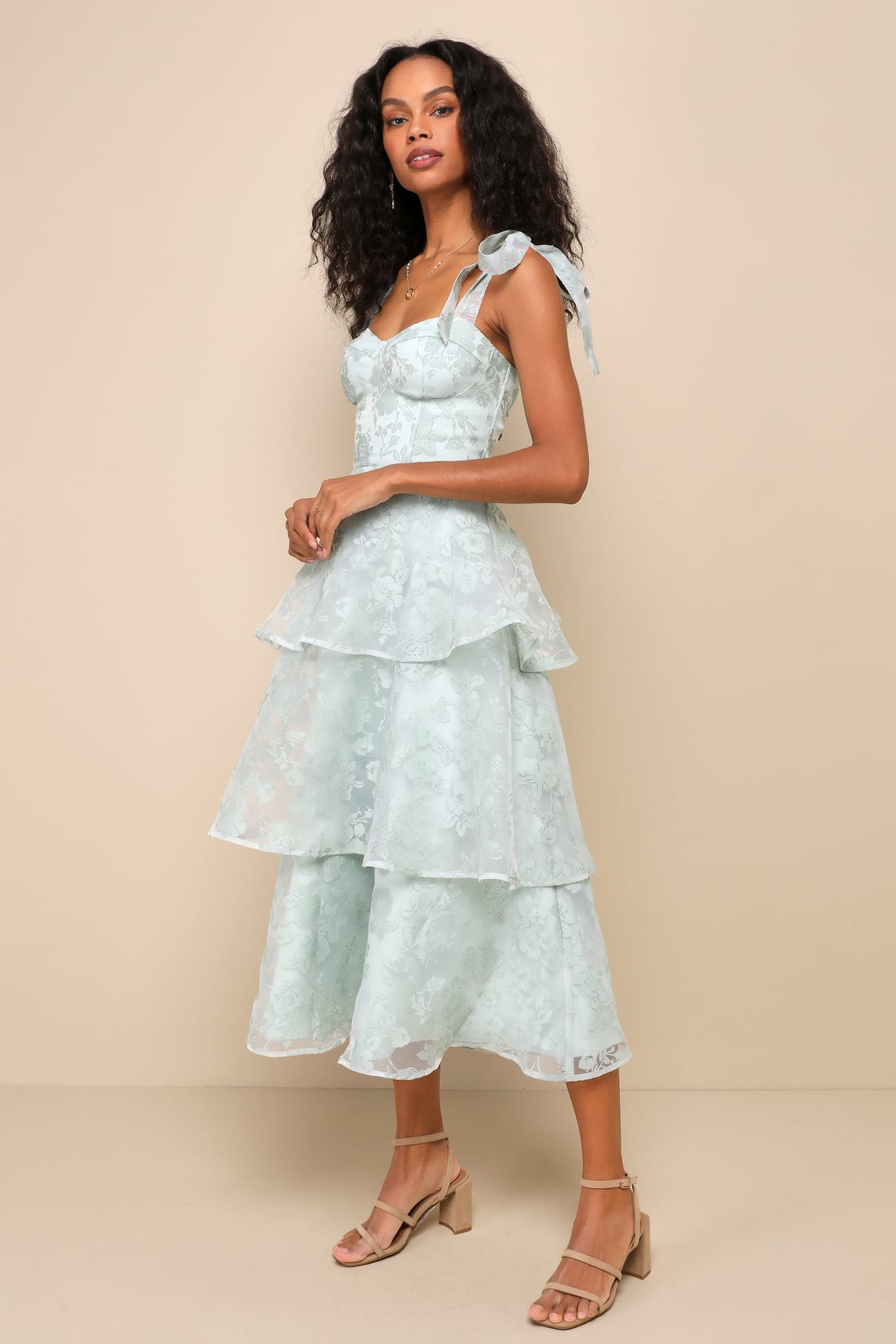 Glamorous Sweetie Sage Burnout Tie-Strap Bustier Midi Dress