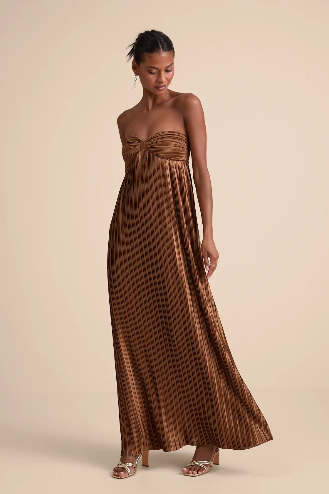 Whimsical Beauty Emerald Green Satin Plisse Strapless Maxi Dress