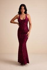 Renissa Burgundy Burnout Velvet Backless Mermaid Maxi Dress