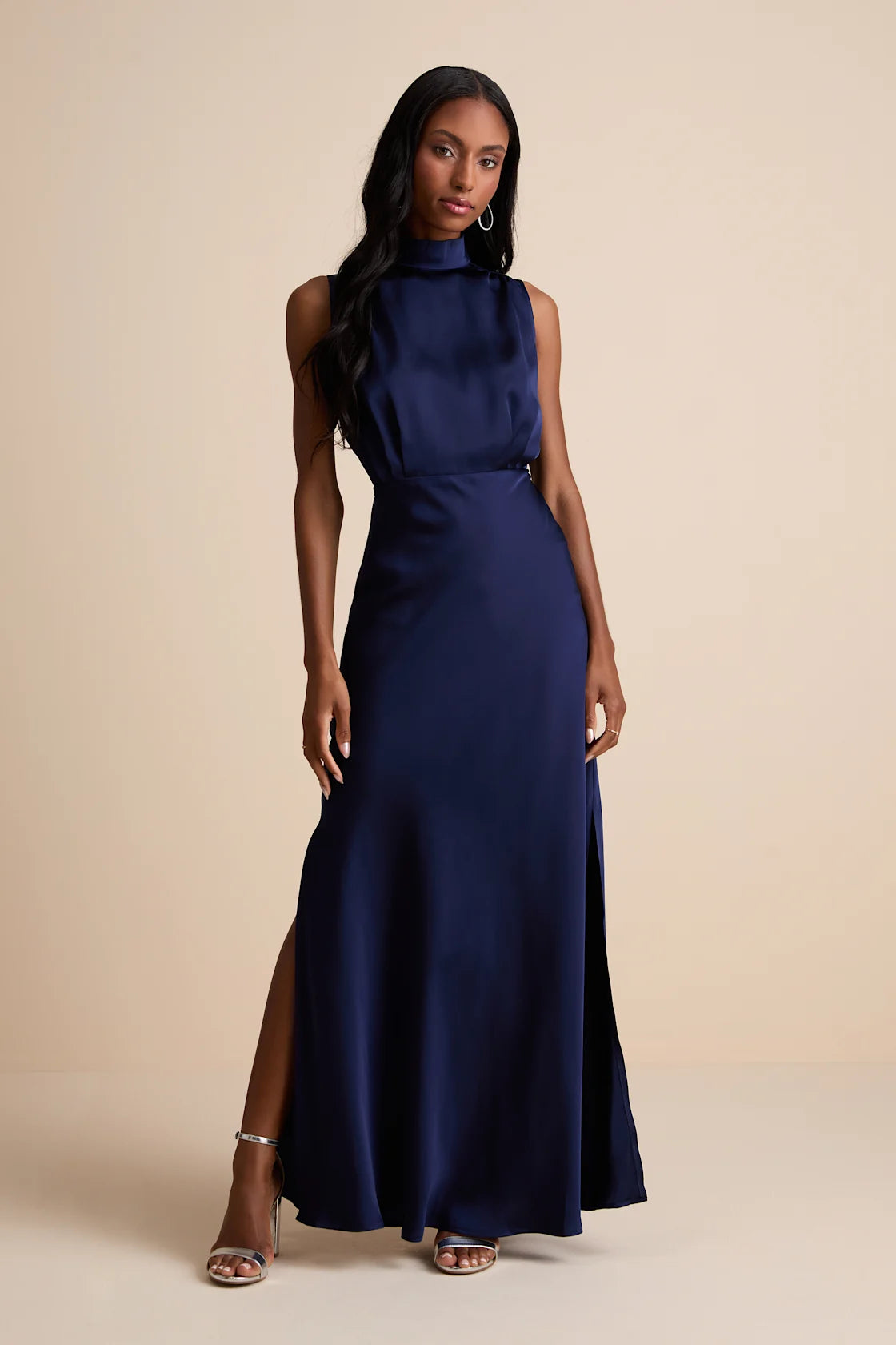 Classic Elegance Blush Satin Sleeveless Mock Neck Maxi Dress