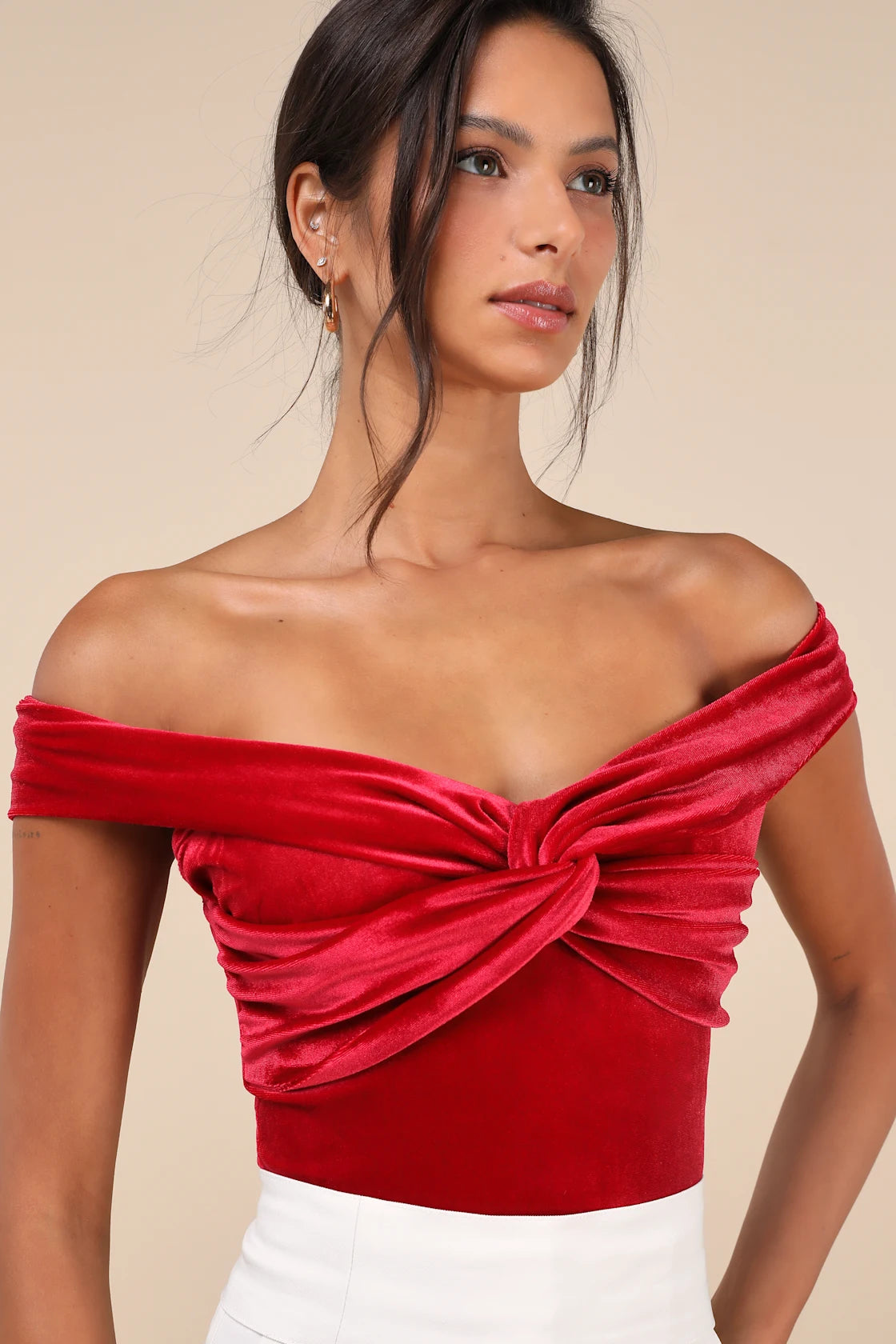 Ideal Attraction Red Velvet Off-the-Shoulder Top
