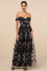 Ideal Beauty Black Floral Mesh Off-the-Shoulder Maxi Dress