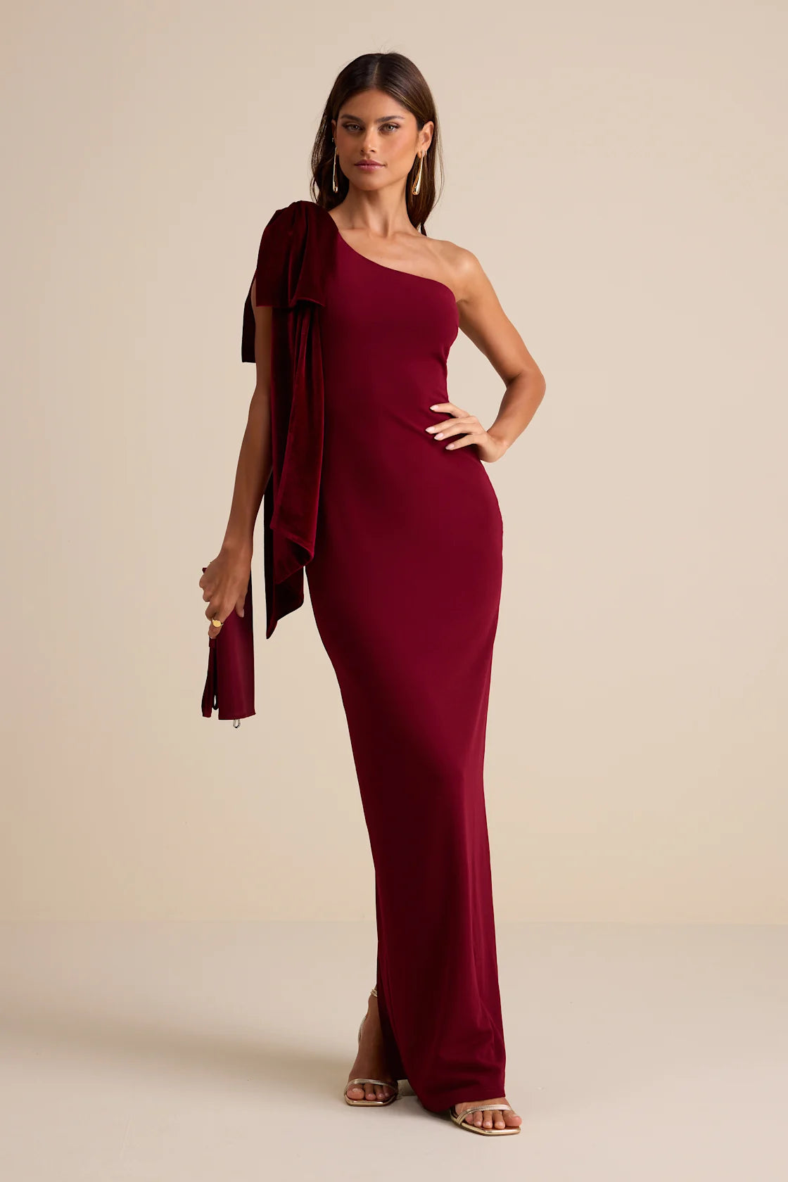 Amarila Burgundy One-Shoulder Velvet Bow Maxi Dress