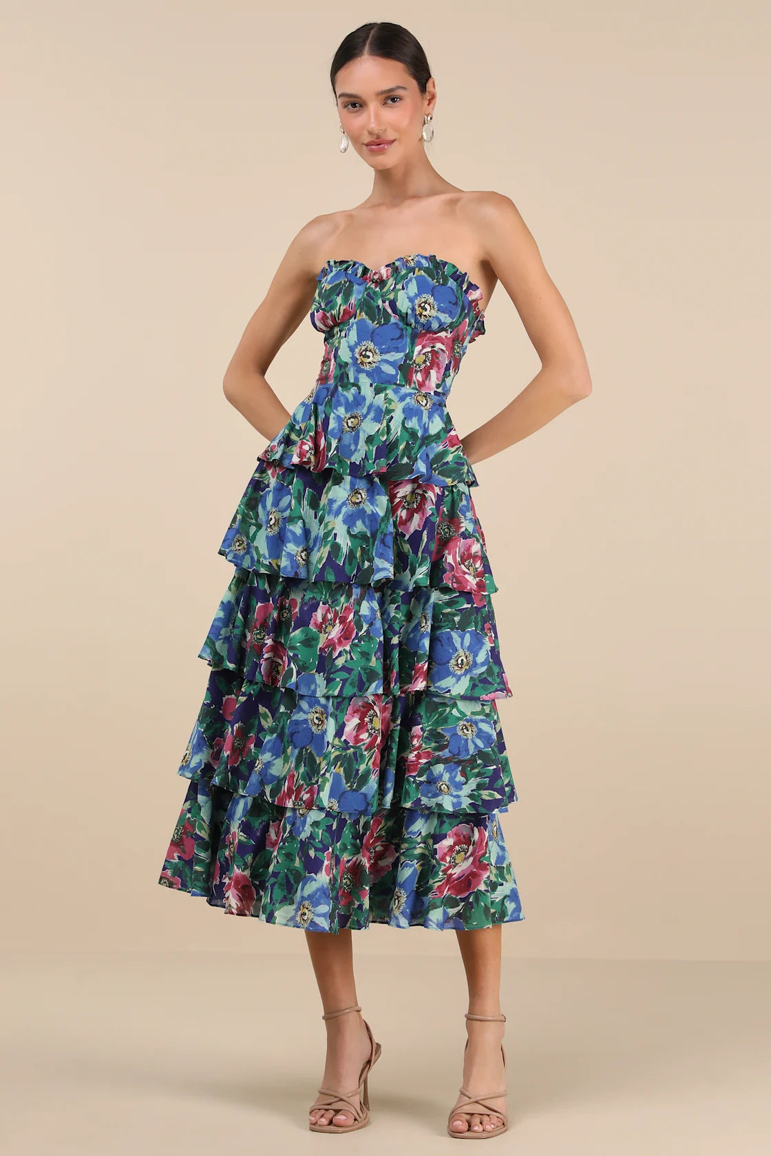 Nayha Blue Multi Floral Strapless Tiered Midi Dress
