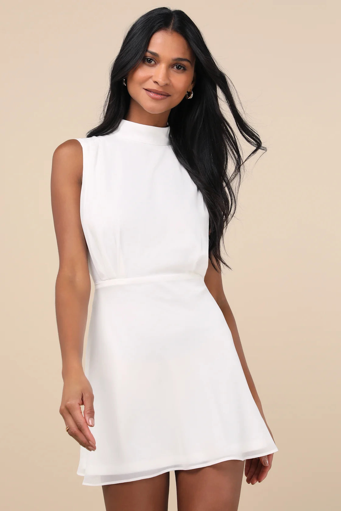 Classic Elegance Red Chiffon Sleeveless Mock Neck Mini Dress
