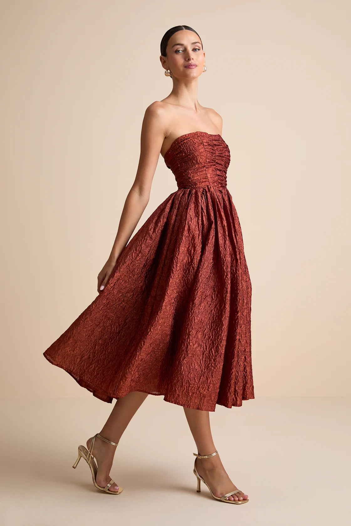 Analeia Dark Navy Jacquard Lace-Up Strapless Midi Dress