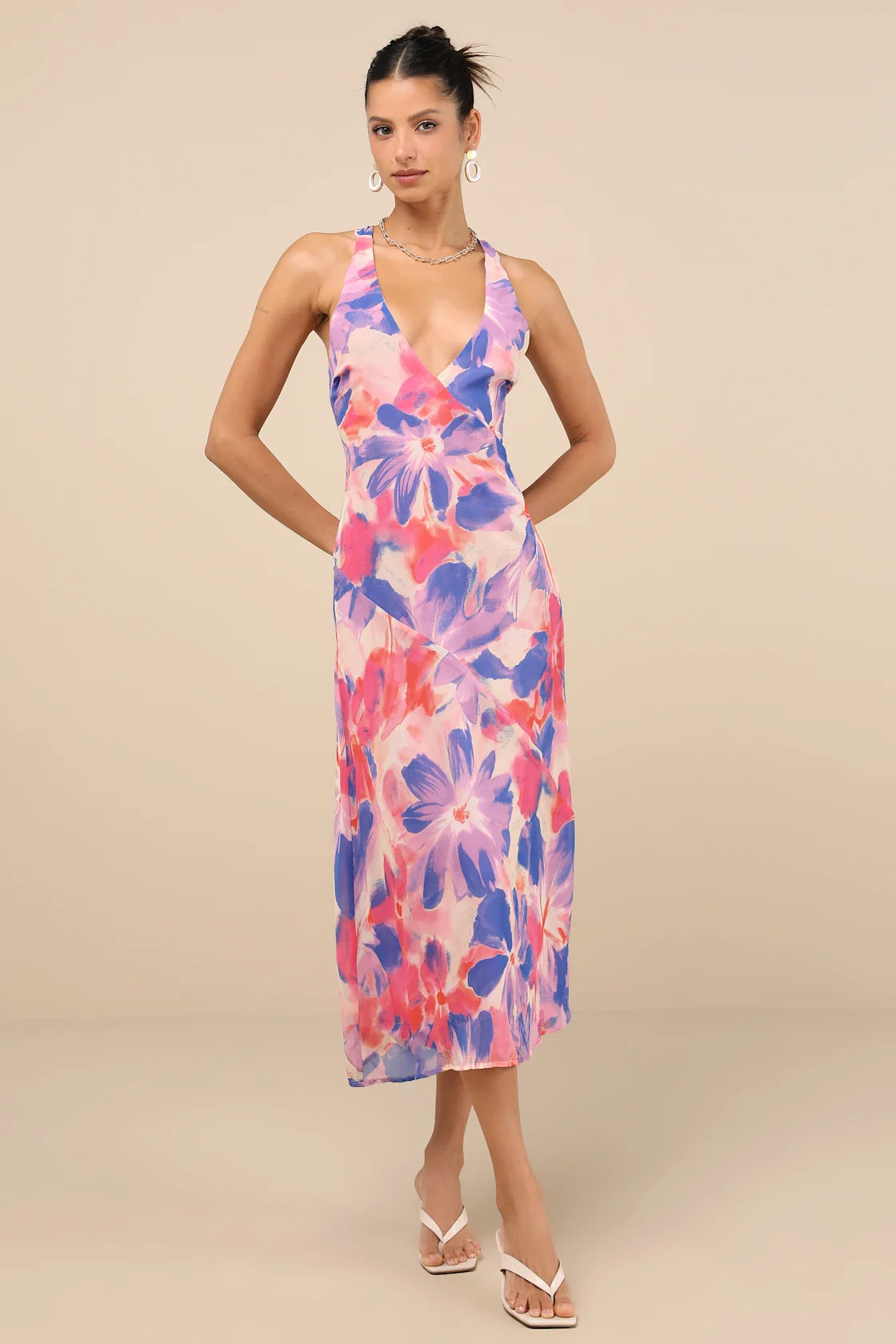 Delight in Elegance Blue Multi Floral Halter Cutout Midi Dress