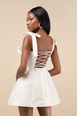 Glamorous Luxury Champagne Taffeta Bow Lace-Up Mini Dress