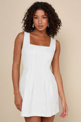 Pure Hearted White Pearl Square Neck Sleeveless Mini Dress