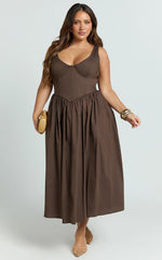 Beckett Midi Dress - Scoop Neck Drop V Waist Gathered Skirt Dress in Dark Chocolate