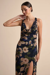 Kyra Navy Floral Mesh Cowl Neck Maxi Dress