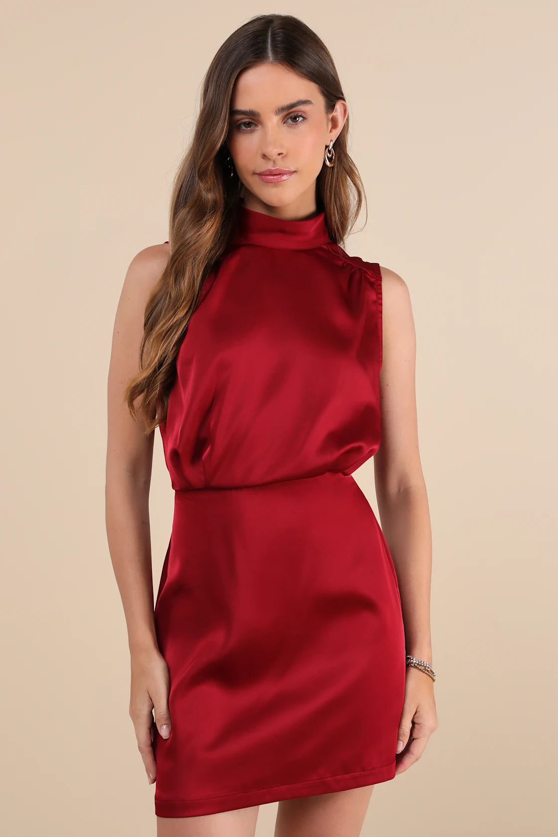 Classic Elegance Navy Satin Sleeveless Mock Neck Mini Dress
