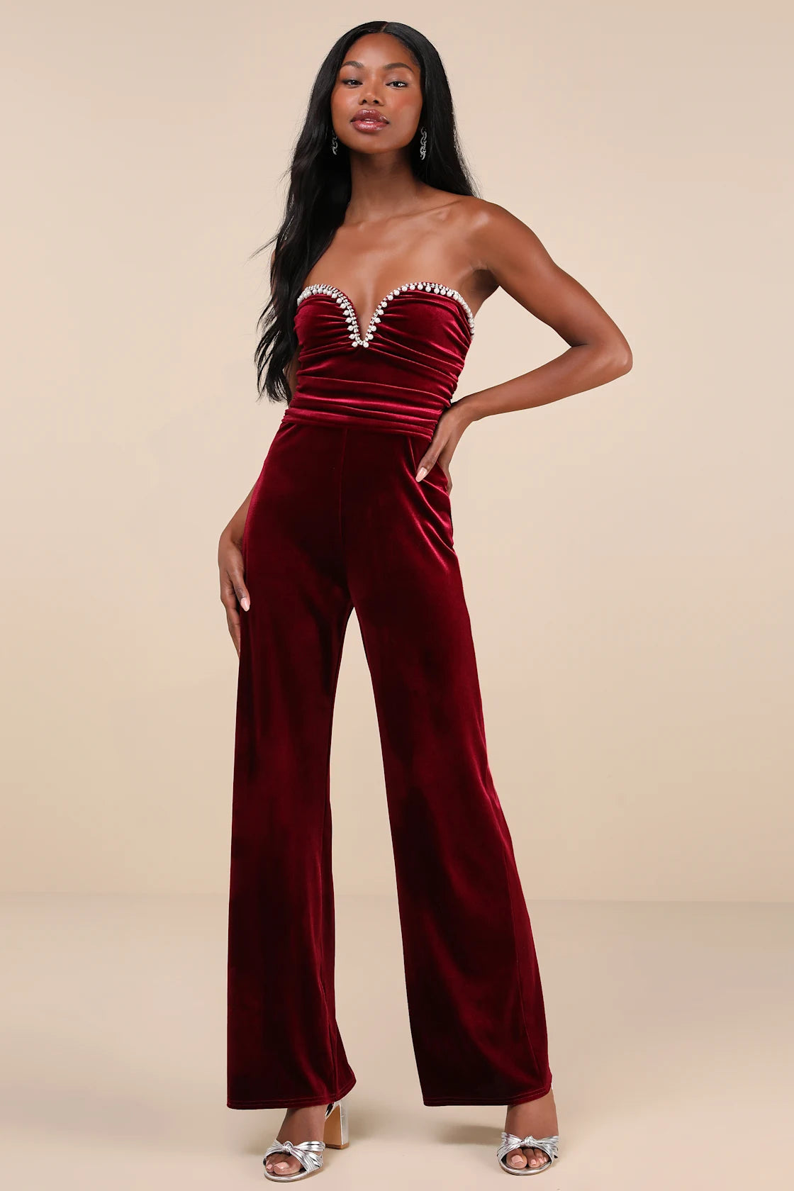 Fabulous Instinct Dark Blue Velvet Pearl Strapless Jumpsuit