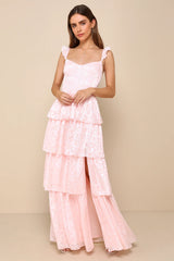 Stunning Glory Navy Blue Floral Jacquard Tiered Maxi Dress