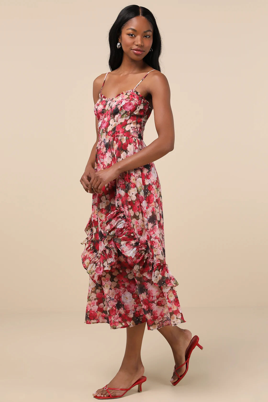Maisley Red Multi Floral Bustier Ruffled Midi Dress