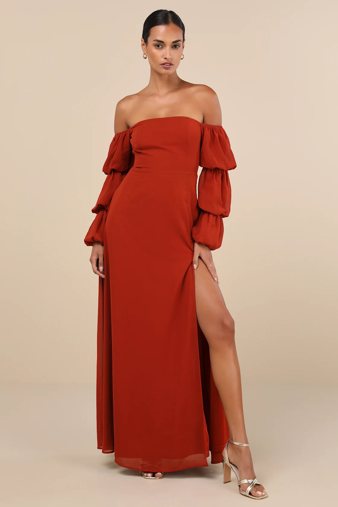 Demure Aura Rust Tiered Balloon Sleeve Off-the-Shoulder Dress