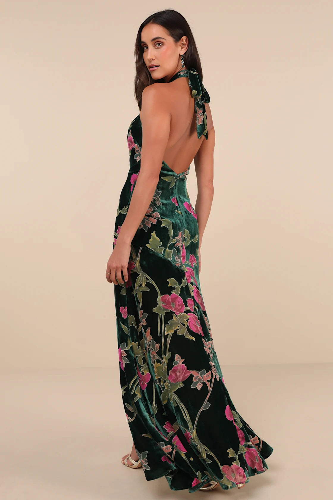 Flawlessly Gorgeous Green Burnout Floral Halter Maxi Dress