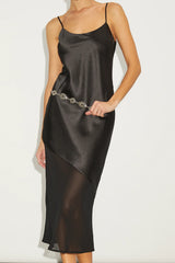 Drew Black Satin and Chiffon Midi Slip Dress