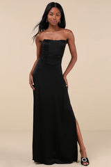 Extraordinary Presence Rust Brown Satin Strapless Maxi Dress