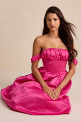 Coquette Essence Pink Satin Off-the-Shoulder Lace-Up Midi Dress