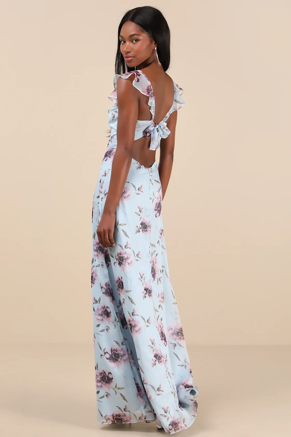 Sweetest Entrance Light Blue Floral Ruffled Tie-Back Maxi Dress