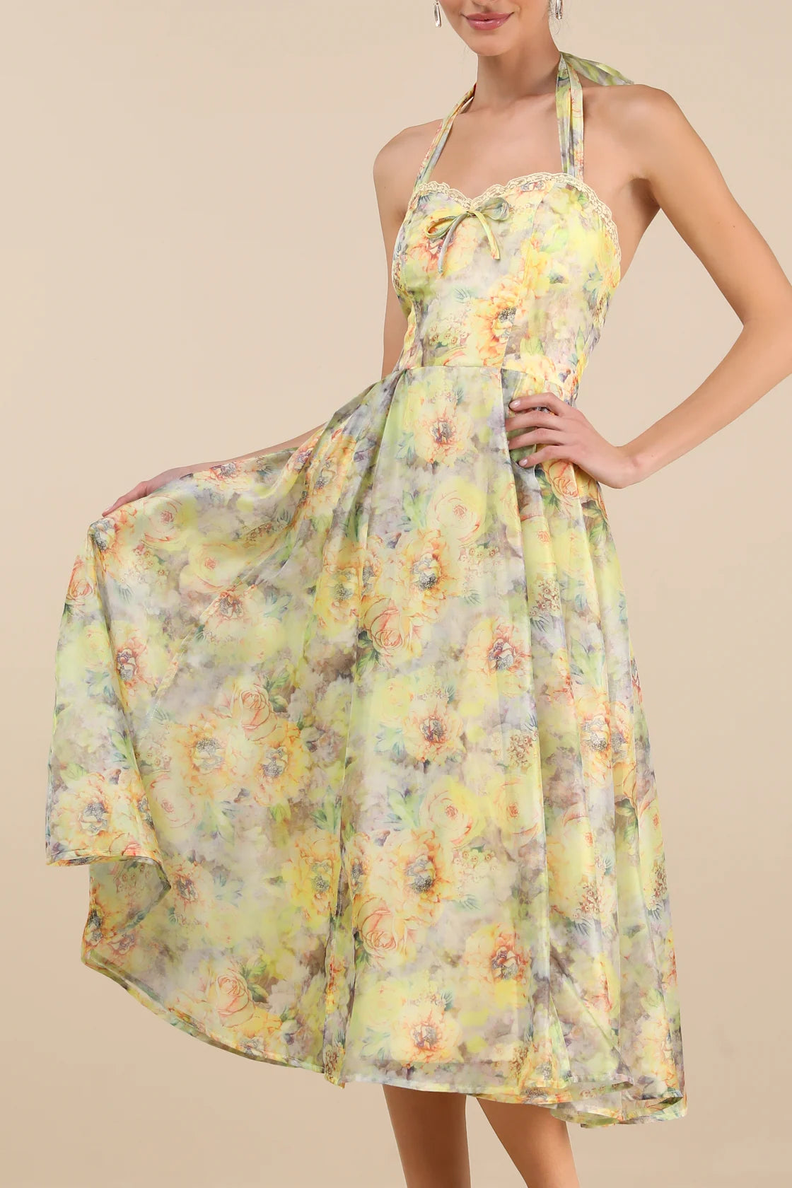 Galia Yellow Multi Floral Halter Midi Dress