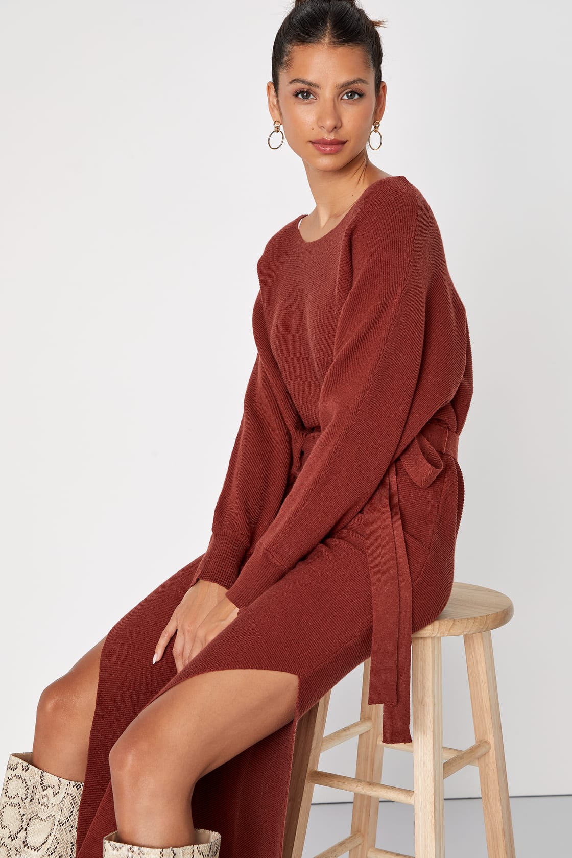 Cozy Captivation Rust Ribbed Dolman Sleeve Midi Sweater Dress