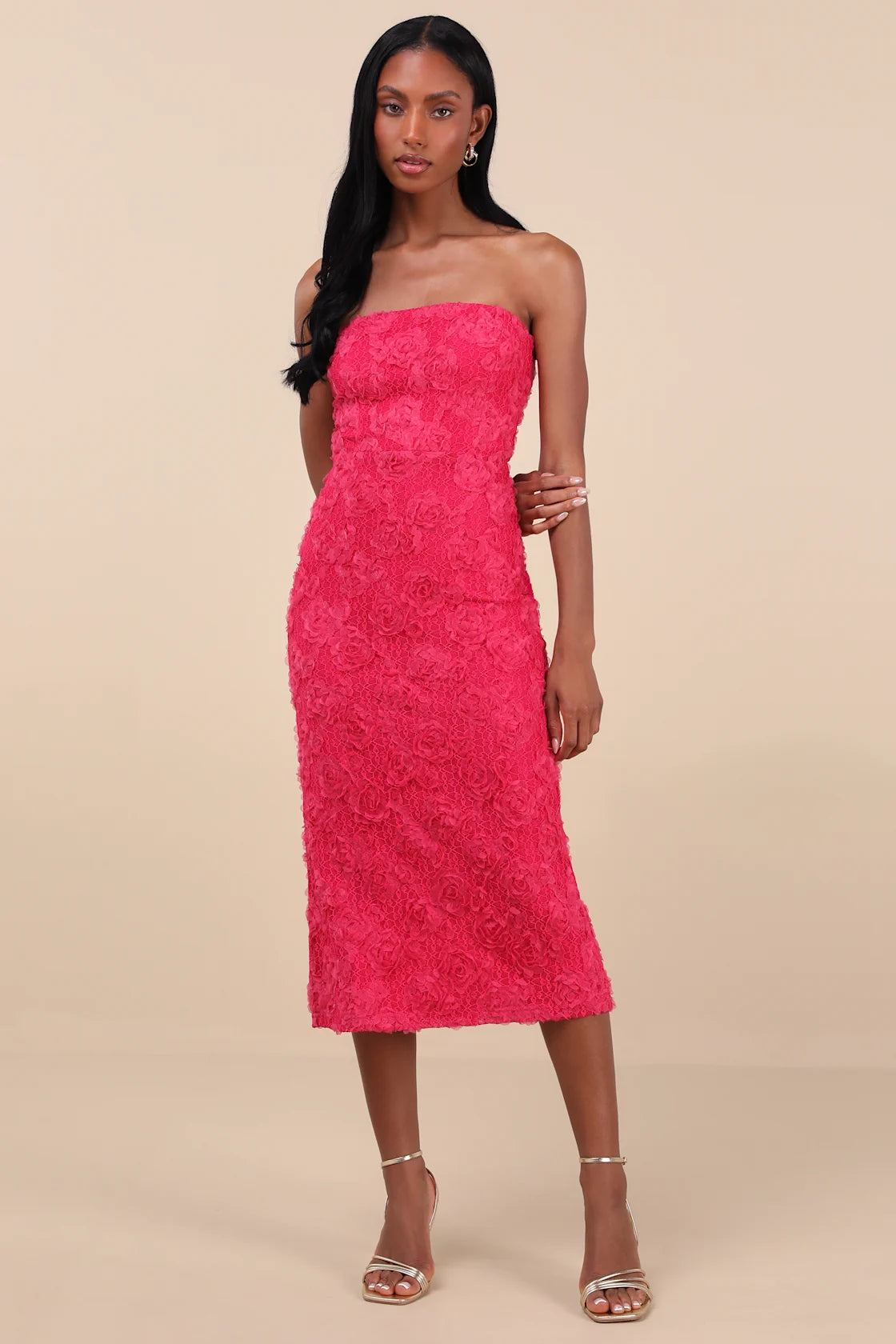 Flawless Perfection Emerald Floral Applique Strapless Midi Dress