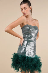 Especially Fabulous Emerald Sequin Feather Strapless Mini Dress