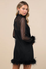 Immaculate Charisma White Mesh Feather Long Sleeve Mini Dress