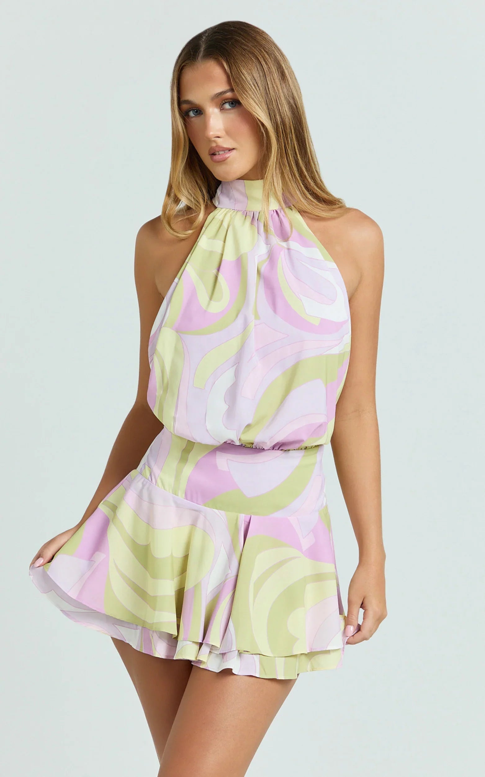 Bryonie Mini Dress - Backless Halter Dress in Swirl Print