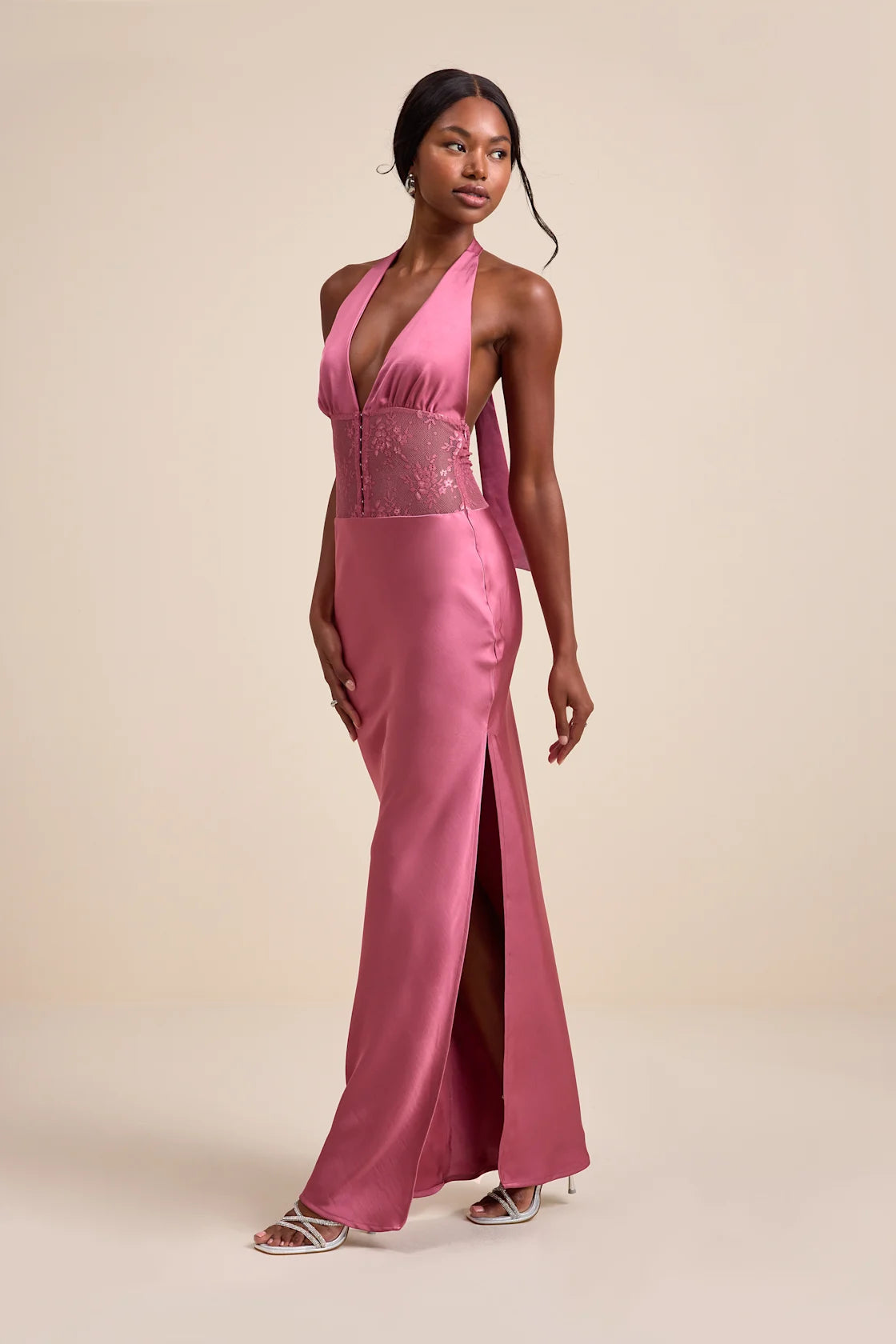 Lennon Black Satin Lace Halter Maxi Dress