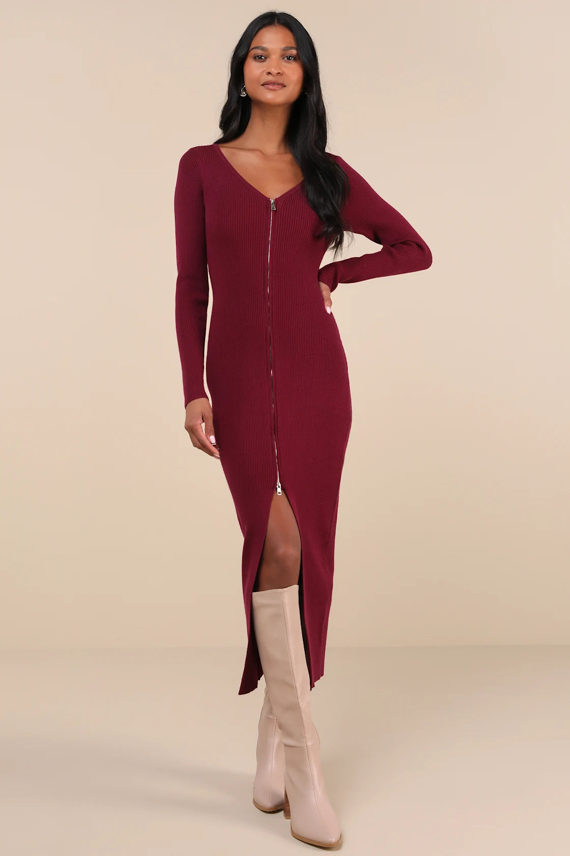 Snuggly Sweetness Black Ribbed Zip-Front Sweater Midi Dress
