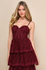 Exceptional Persona Wine Red Lace Tiered Bustier Midi Dress