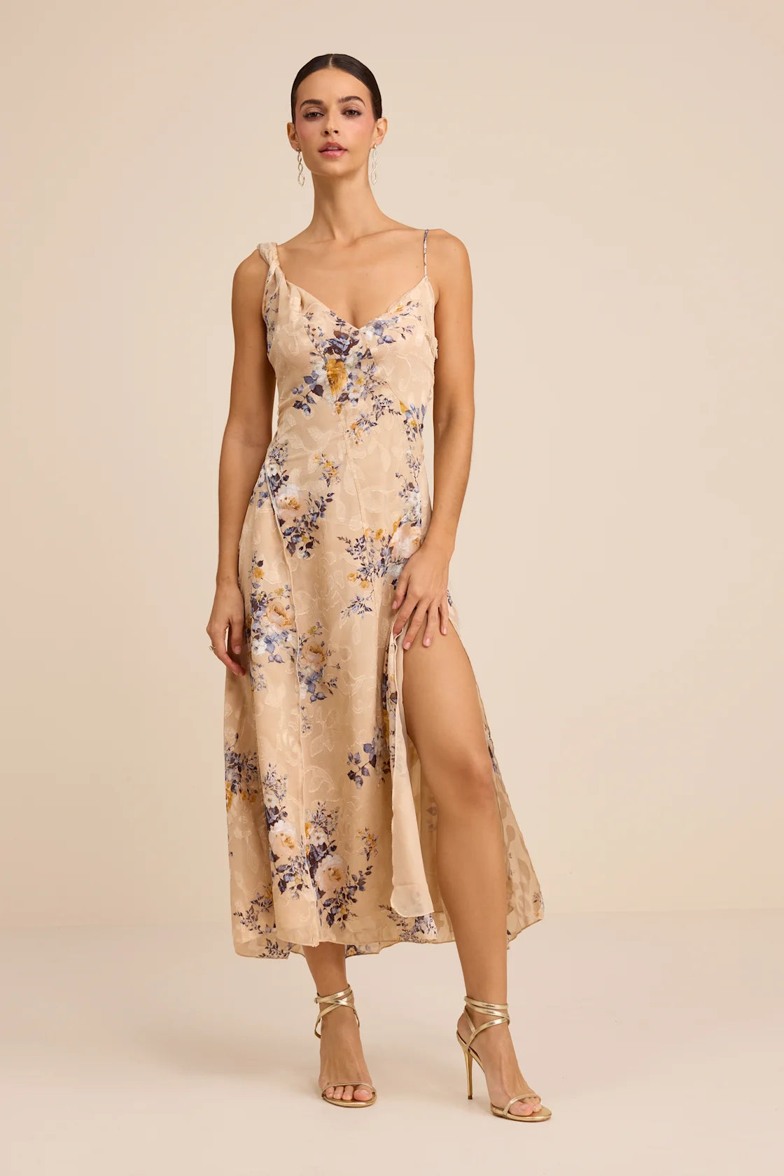Eirwen Beige Floral Burnout Asymmetrical Midi Dress