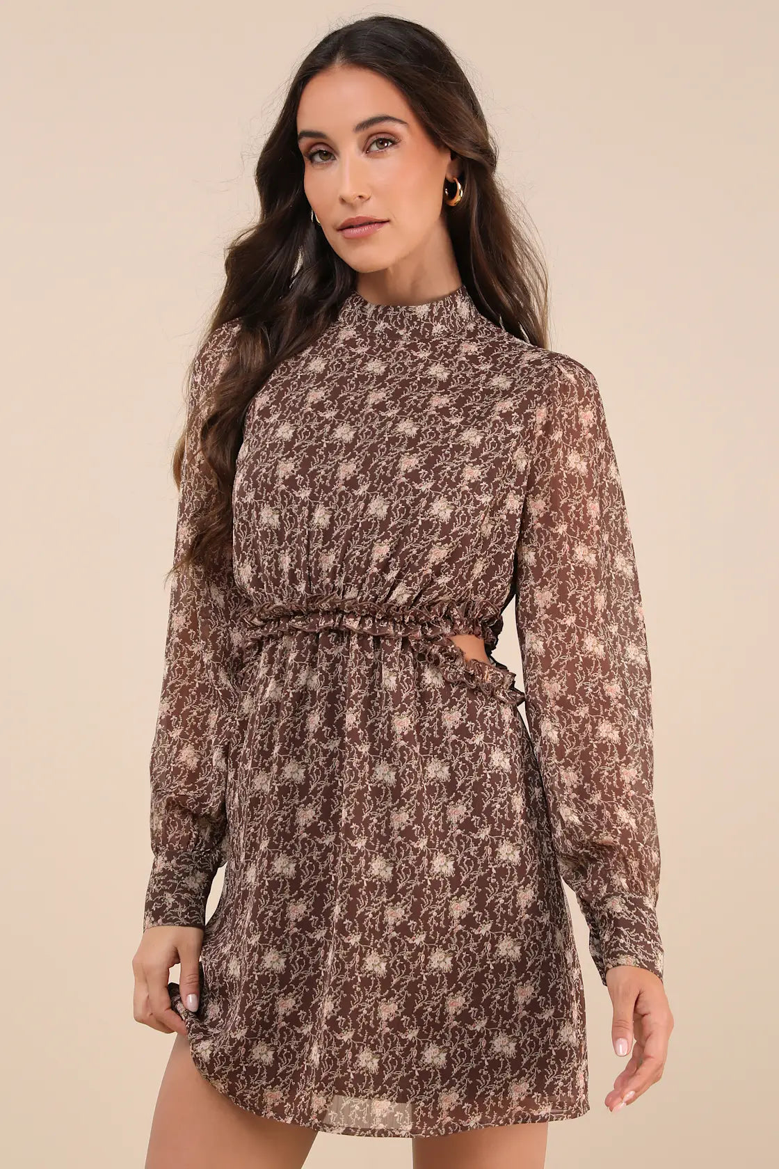 Autumn Bliss Brown Floral Print Long Sleeve Cutout Mini Dress