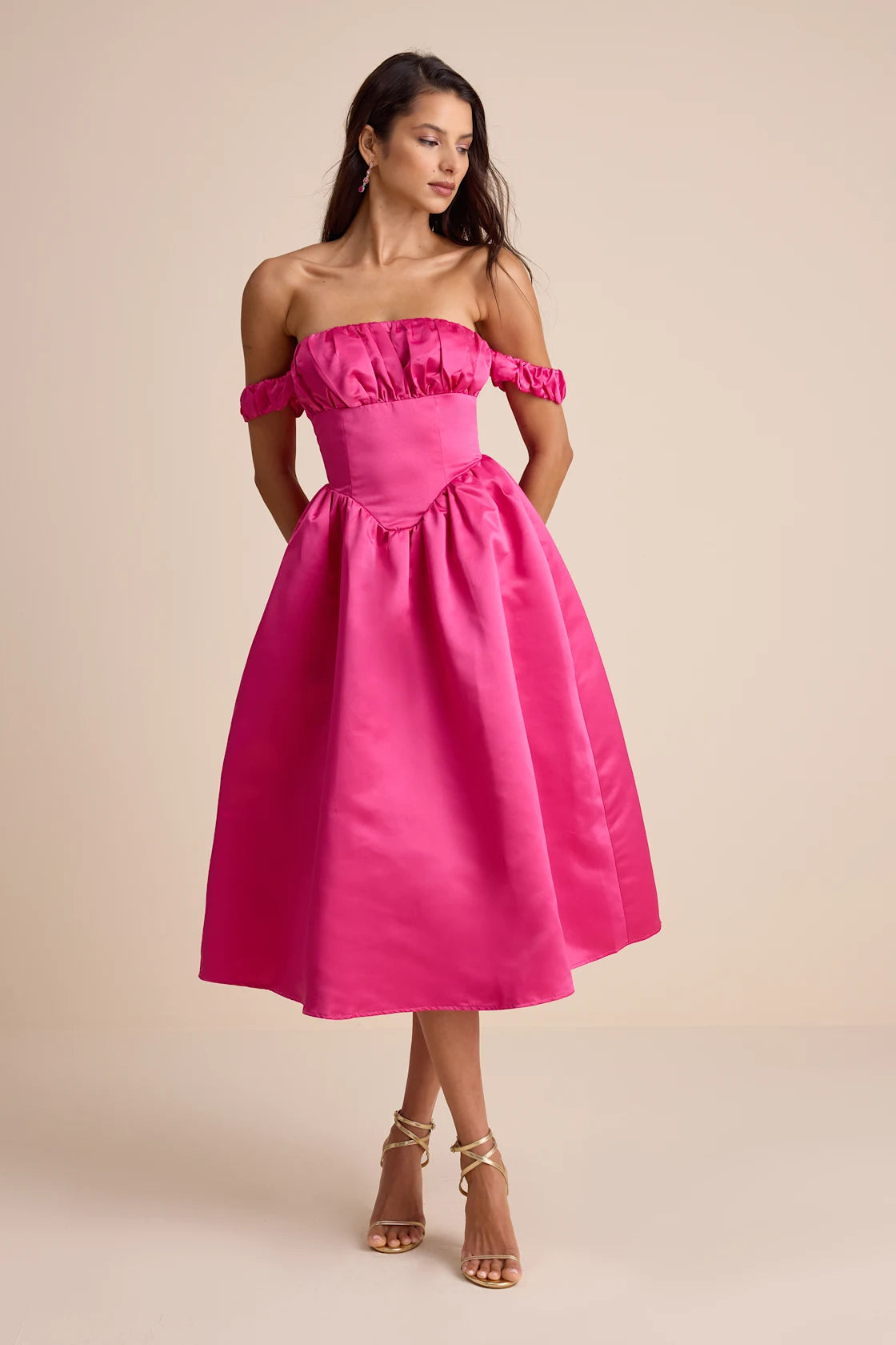 Coquette Essence Pink Satin Off-the-Shoulder Lace-Up Midi Dress