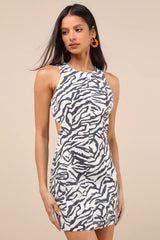 Alouette Beige and Black Zebra Print Linen Cutout Mini Dress