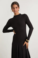 Corinne Cream Jersey Knit Mock Neck Midi Dress