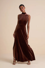 Classic Elegance Brown Velvet Sleeveless Mock Neck Maxi Dress