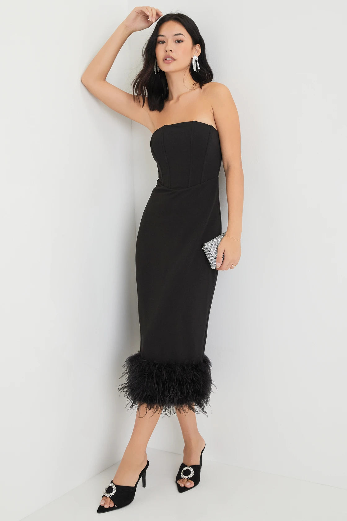 Fancy Behavior Black Bustier Strapless Feather Midi Dress