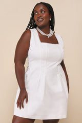 Pure Hearted White Pearl Square Neck Sleeveless Mini Dress