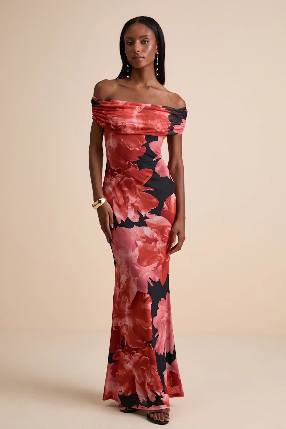 Dunia Black Floral Print Mesh Off-the-Shoulder Maxi Dress
