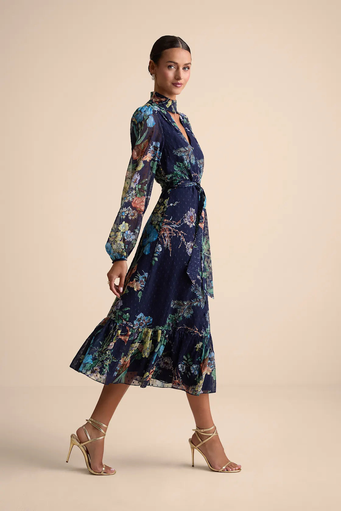 Fallyn Navy Floral Swiss Dot Long Sleeve Midi Dress