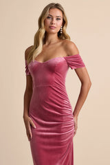 Glorious Celebration Pink Velvet Off-the-Shoulder Maxi Dress
