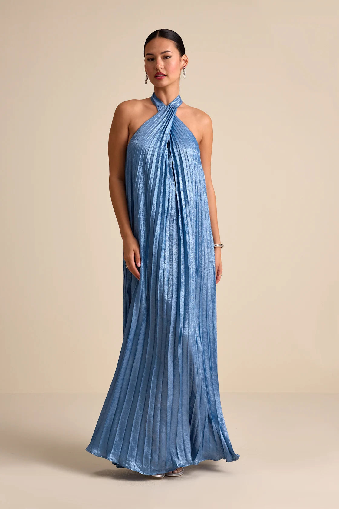 Gelsey Dusty Blue Pleated Halter Shift Maxi Dress