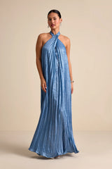 Gelsey Dusty Blue Pleated Halter Shift Maxi Dress
