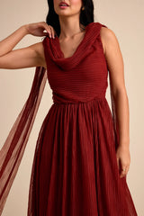 Katreea Rust Red Pleated Cowl Neck Sash Midi Dress