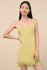 Feel the Sunshine Chartreuse Linen Tassel Mini Dress